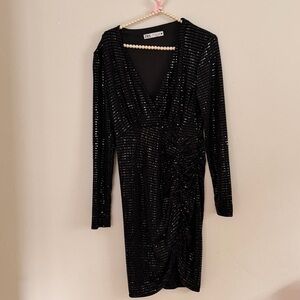 Zara Black Sequin Ruched V-Neck Long Sleeve Dress NYE sparkly